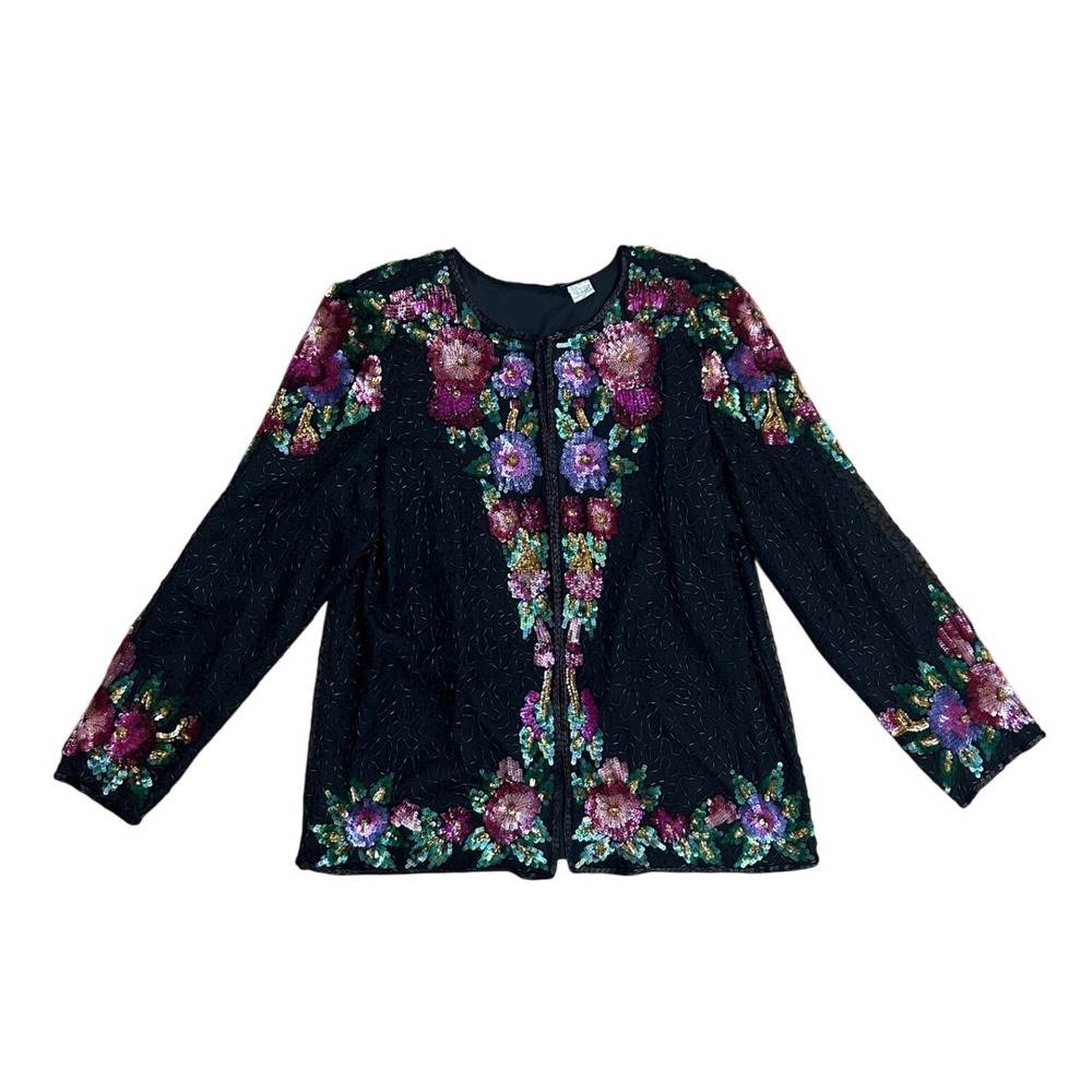 Vintage Beaded Silk Floral Sequin Jacket Black Luxury Glam Evening M artsy party